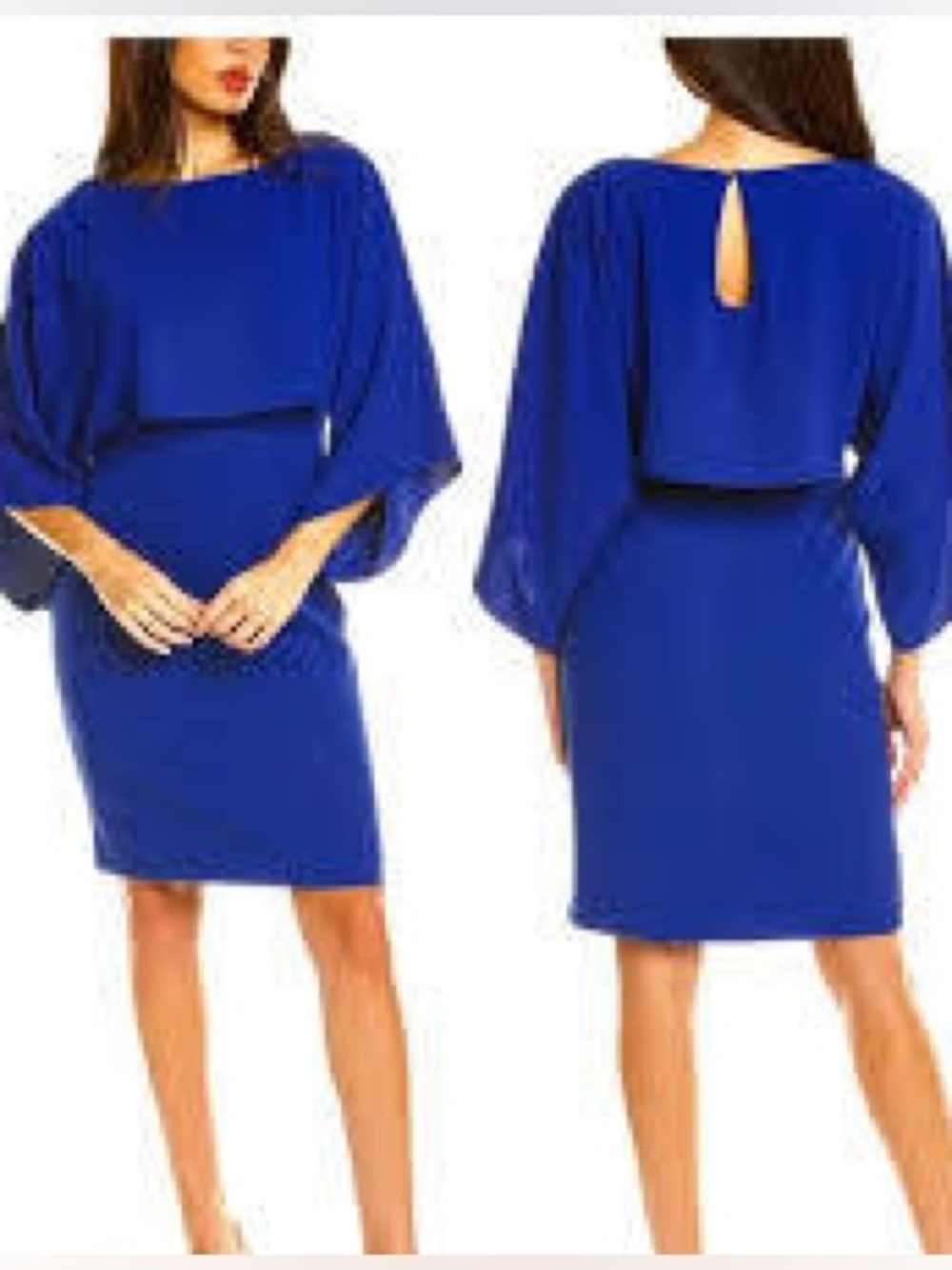 Trina Turk NWT Shalee Crepe Boatneck Cape Overlay Bengel Blue Sheath Dress Sz 12